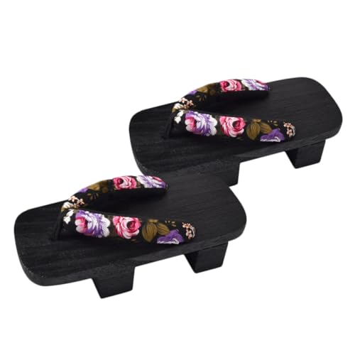BESPORTBLE Japanische Geta Holzclogs Unisex Plattform Sandalen Sommer Slipper Schwarz mit Blumenmuster Bequeme Hausschuhe für Freizeit und Party von BESPORTBLE