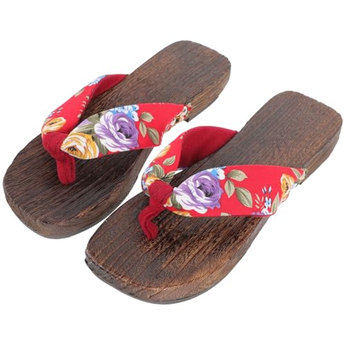 BESPORTBLE Japanische Holz Clogs Damen Hausschuhe aus Holz und Stoff Stilvolle Indoor Clog Slippers mit Blumenmuster Leichte Langlebige Sommerschuhe Traditionell und Modisch für Alltag von BESPORTBLE