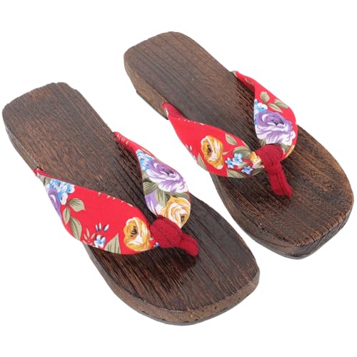 BESPORTBLE Japanische Holzclogs Damen Sandalen Leicht Atmungsaktiv Komfortabel Für Innen Und Außen Freizeit Hausschuhe Mit Floraler Stoffverzierung von BESPORTBLE