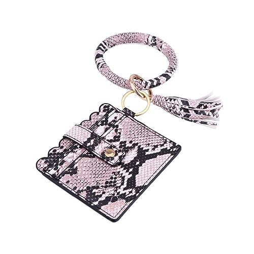 BESPORTBLE Leopard Print PU Geldbörse mit Quaste Armband Schlüsselanhänger Portemonnaie für Damen Vielseitiges Wallet mit Kartenfach und Münzfach Handgelenktasche Rosa Pastell Snake von BESPORTBLE