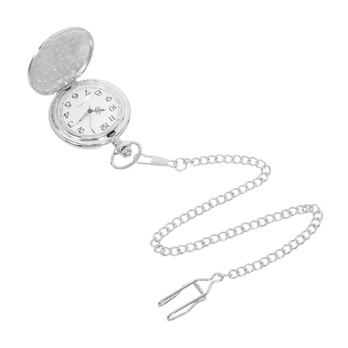BESPORTBLE Mechanische Herrentaschenuhr Vintage Flip Cover Präzise Zeitmessung Flexibel Tragbar Klassisches Design Silberfarbene Gravur mit Kette für Hochzeit Geburtstag von BESPORTBLE