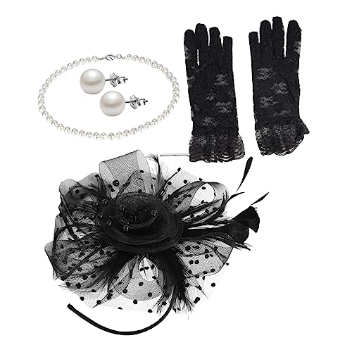 BESPORTBLE Perlenkette Damen Set Mit Fascinator Hut Aus Netz Und Spitzenhandschuhen Für Teeparty Kopfbedeckung Abschlussball Kopfschmuck Für Frauen Mädchen von BESPORTBLE