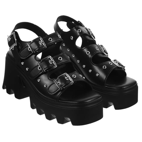 BESPORTBLE Punk Nieten Sandalen Damen mit Dicker Sohle Römische Mode Schuhe Großer Absatz Schwarz Stilvolle Plateau Sandaletten für Party und Alltag von BESPORTBLE