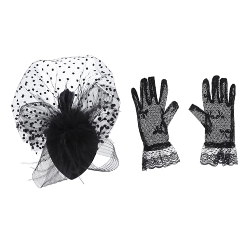 BESPORTBLE Retro Party Netzgaze Hut und Handschuh Set Elegantes Braut und Bankett Kopfschmuck Zubehör Schwarzer Federschleier Haarschmuck für Festliche Anlässe und Cheongsam Kleid von BESPORTBLE