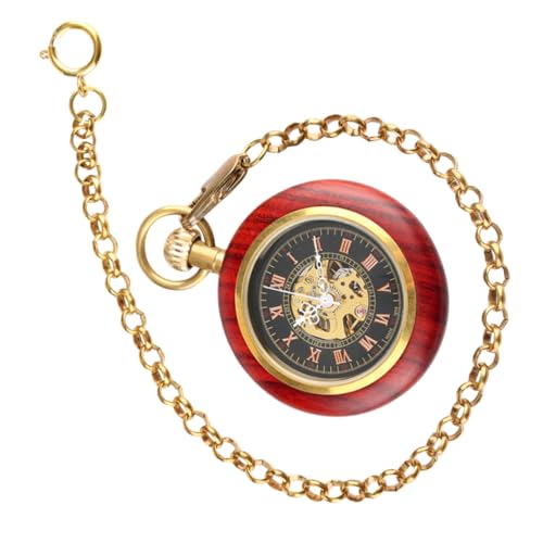 BESPORTBLE Römische Ziffern Mechanische Taschenuhr Herren Vintage Stil Rote Kupfer Holzmaserung Kette Anhänger Robust Praktisch für Alltag und Dekoration von BESPORTBLE