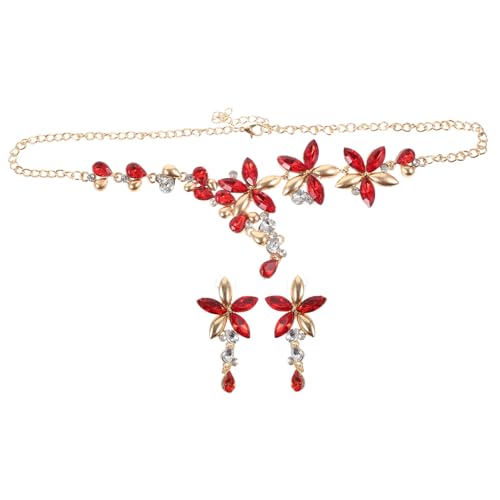 BESPORTBLE Rotes Schmuckset Damen Halskette Ohrringe Blume Anhänger Modisch mit Strassbesatz Elegant für Alltag und Festliche Anlässe Stilvolles von BESPORTBLE
