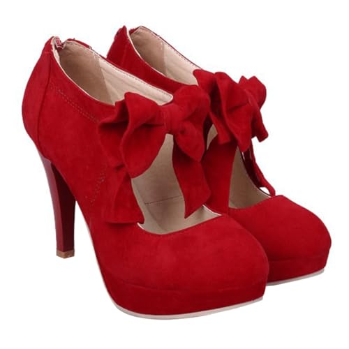 BESPORTBLE Runde Zehen High Heels Damen Pumps mit Schleife Modische Rot Veloursleder Schuhe in Bequeme und Langlebige Absatzschuhe für Alltag und Party von BESPORTBLE