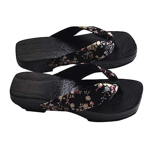 BESPORTBLE Sandalen Damen Holz Clogs Hausschuhe mit Rutschfester Sohle Japanische Holzpantoffeln für Sommer Bequeme Langlebige Fußbekleidung Elegantes Design in Schwarz von BESPORTBLE