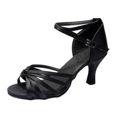 BESPORTBLE Satin High Heels Damen Latein Tanzschuhe Schwarz Knöchelriemen Offene Spitze Stilvolle Absatzschuhe für Tanzveranstaltungen und Festliche Anlässe von BESPORTBLE