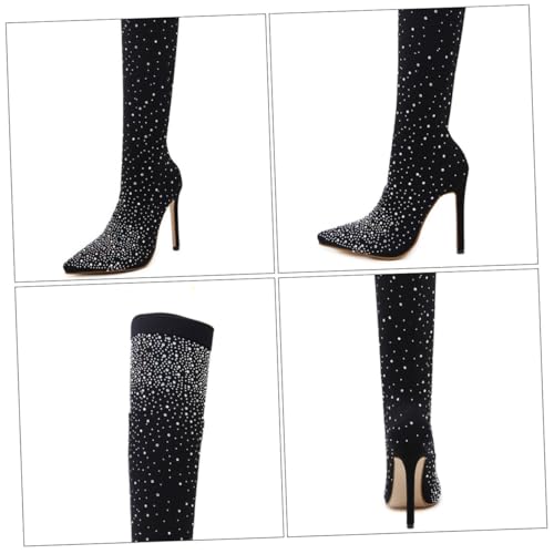 BESPORTBLE Schwarze Damen Stiefel mit Spitz Zulaufender Zehenpartie und Funkelnden Strasssteinen Hohe Absatz stiefeletten mit Dickem Absatz Modische Party boots für Alltag und Nachtclub von BESPORTBLE