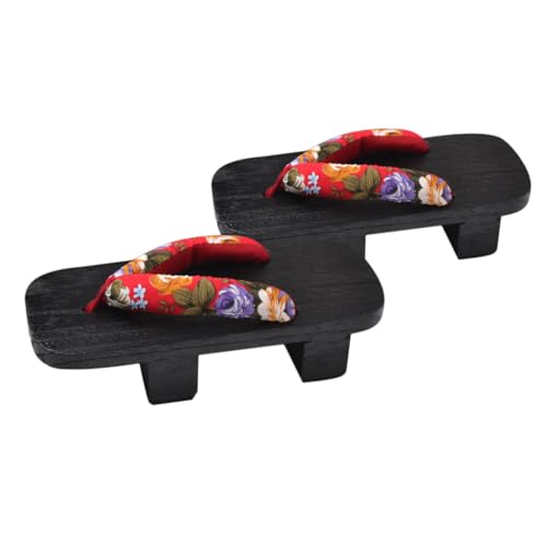 BESPORTBLE Sommer Clogs Holzpantoletten Damen Slipper mit Zwei Zähnen Rutschfest Atmungsaktiv Modisch für Freizeit Party Outdoor Rot Schwarzes Blumendesign von BESPORTBLE