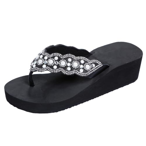 BESPORTBLE Sommer Damen Sandalen mit Keilabsatz Perlen und Strass Glitzer Rutschfeste Beach Flops Bequeme Plateau Schuhe für Strand und Freizeit Schwarz von BESPORTBLE