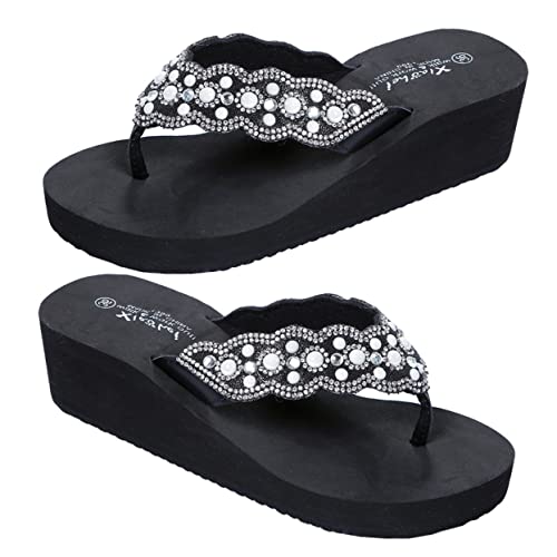 BESPORTBLE Sommer Damen Sandalen mit Perlen und Strass Plateau Flops Rutschfest Bequeme Outdoor Schuhe Schwarz von BESPORTBLE