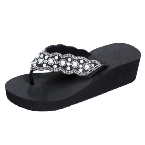 BESPORTBLE Sommer Damen Sandalen mit Perlen und Strass Rutschfeste Keilabsatz Flip Flops Bequeme Strand und Hausschuhe Schwarzer Atmungsaktiv und Langlebig von BESPORTBLE