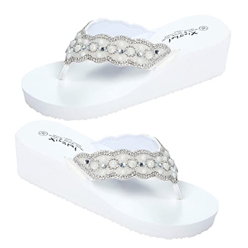 BESPORTBLE Sommer Damen Sandalen mit Perlen und Wasserdiamanten Rutschfeste Strandschuhe mit Keilabsatz Atmungsaktive Outdoor Schuhe Weiße Beach Flips in und Langlebig von BESPORTBLE