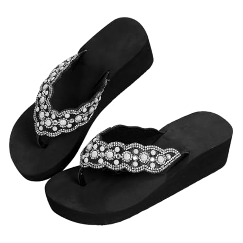BESPORTBLE Sommer Damen Strand Schuhe mit Perlen und Strasssteinen Rutschfeste Zehentrenner Sandalen mit Mittlerem Absatz Bequeme Flipschuhe in Schwarz von BESPORTBLE