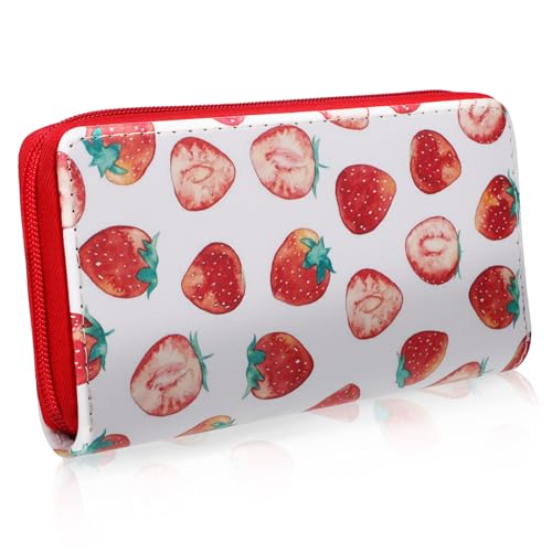 BESPORTBLE Strawberry Wallet PU Geldbörse Damen Lang mit Erdbeermuster Reißverschluss Portemonnaie Kawaii Clutch für Karten Münzen und Bargeld Geschenkidee von BESPORTBLE