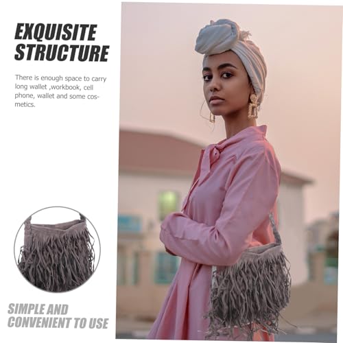BESPORTBLE Tasche Damen Tote mit Fransen Handgefertigte Tassel Schultertasche Mittelgroße Umhängetasche für Arbeit Alltag Geschenk Graue Vintage Handtasche von BESPORTBLE