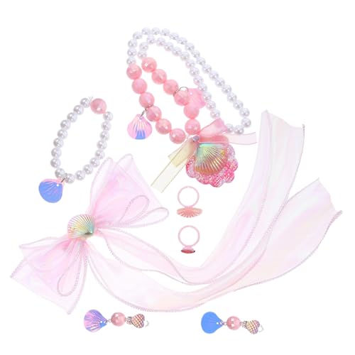BESPORTBLE Teiliges Schmuckset Prinzessin Meerjungfrau Rosa Haarklammern Perlenarmband Muschel Halskette Ohrclips und Ring für Mädchen zum Verkleiden Geburtstag Festlichkeiten von BESPORTBLE