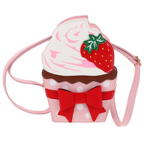 BESPORTBLE Umhängetasche mit Erdbeermotiv für Mädchen: Geldbörse mit Cupcake-Motiv – Cartoon-Schultertasche mit Schleife – Handy-Handtasche aus PU-Leder von BESPORTBLE