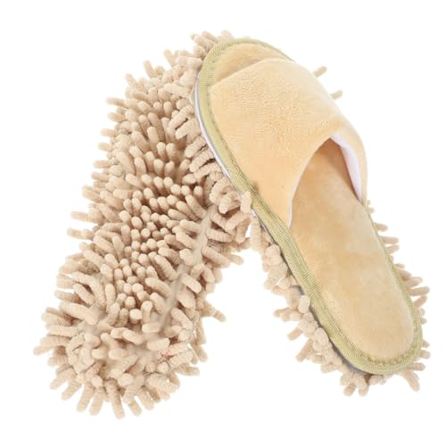 BESPORTBLE Unisex Chenille Mop Hausschuhe mit Zehenöffnung Waschbare Reinigungsslippers für Damen und Herren Rutschfest Warm und Angenehm Geeignet für Fliesenböden Beige von BESPORTBLE