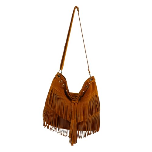 BESPORTBLE Vintage Schultertasche Damen Fransen und Quasten Verstellbare Crossbody Umhängetasche Mittelgroßer Beutel für Alltag und Freizeit Flexible Handtasche in Braun von BESPORTBLE