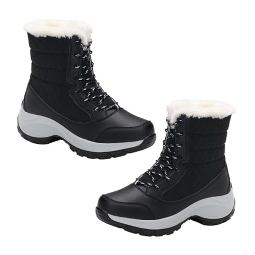 BESPORTBLE Warme Damen Schneestiefel mit Kunstfellfutter Rutschfest Schnürbar Mittelhoch PU Obermaterial Elastische Gummisohle für Winter und Schnee Schwarz von BESPORTBLE