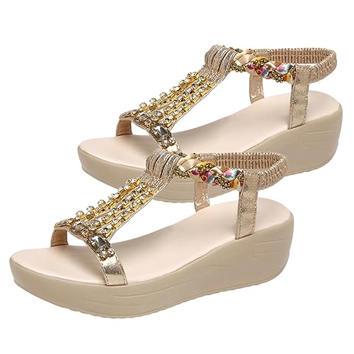 BESPORTBLE Wedge Sandalen Damen mit Mittelhohem Absatz und Glitzerndem Strassriemen Rutschfeste Gummisohle Bequeme Sommer Strandschuhe für Frauen und Mädchen Goldfarben von BESPORTBLE