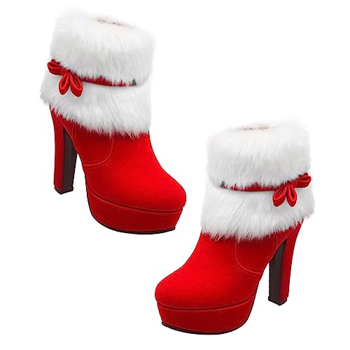 BESPORTBLE Weihnachtliche Damen Stiefeletten mit Dickem Absatz und Plüschfutter Rutschfeste Gummisohle Schleifenverzierung Bequemes Ausziehen Perfektes für Kalte Wintertage von BESPORTBLE