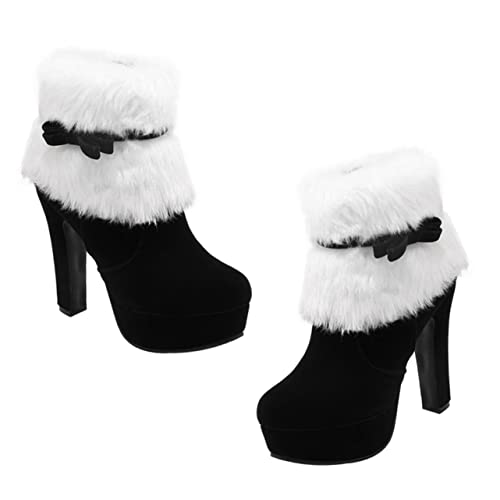 BESPORTBLE Weihnachtliche Damen Stiefeletten mit Hohem Absatz Warm Gefüttert Rutschfeste Gummisohle Kuscheliges Plüschfutter Eleganter Schleifenbesatz für Kalte Wintertage und Festliche von BESPORTBLE