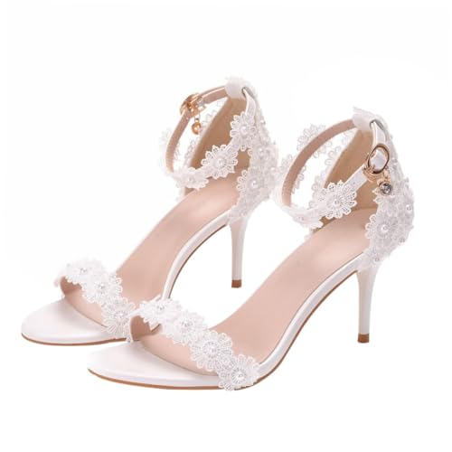 BESPORTBLE Weiße Damen Spitzen High Heels Sandalen mit Feinem Absatz Leichter und Langlebiger Brautschuhe für Hochzeit Party und Festliche Anlässe Komfortabel für Langes Tragen von BESPORTBLE