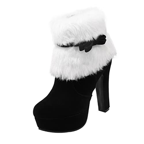 BESPORTBLE Winter Damen Ankle Boots Kurzstiefel mit Hohem Absatz Plüsch Gefüttert Schleife Knöchelstiefel für Kalte Tage Weihnachten Schwarz von BESPORTBLE