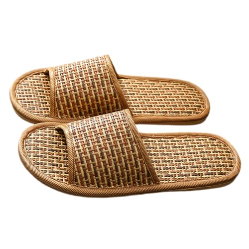 BESPORTBLE Woven Hausschuhe Herren Damen Sommer Slipper Leicht Atmungsaktiv Offene Indoor Schuhe Rutschfest Komfortable Hauspantoffeln aus Rattan Gras Unisex Hellbraun von BESPORTBLE