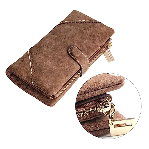 BESPORTBLE Zipper Geldbörse Damen Langformat mit Schnappverschluss PU Portemonnaie mit Spitzen Design Praktische Mehrfachfächer Mittelgroß Stilvolle Tasche für Frauen Kaffee Farbe von BESPORTBLE