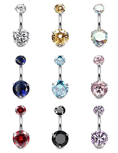 BESTEEL 9 Stücke 316L Edelstahl Piercing Bauchnabel Ringe für Frauen Nabel Ring CZ Barbell Piercing Körperschmuck Set, 14G von BESTEEL