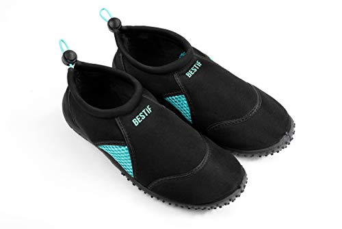 BESTIF Badeschuhe Herren Damen | Schwimmschuhe Neopren Wasserschuhe Kordelzug | Leicht und Bequem | Schwarz, Blau Gr. 36-45 (Schwarz-Türkis, 37) von BESTIF