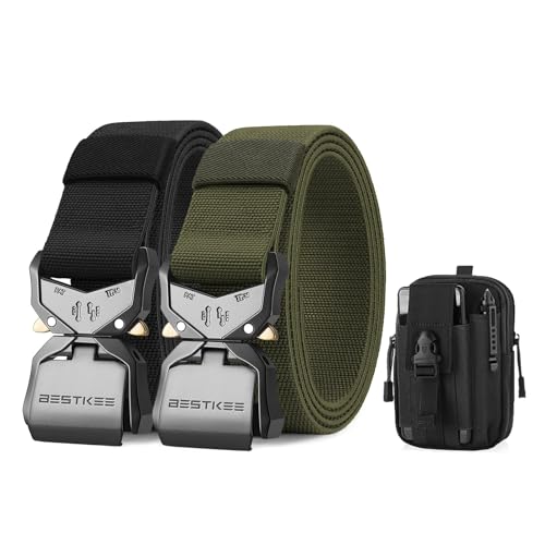 BESTKEE 2er Herren Taktischer Gürtel, 3.8cm Gürtel Herren, Militär Wandern Arbeitgürtel, Geschenk mit taktischem Molle-Beutel von BESTKEE