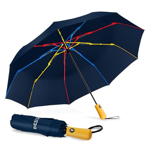 BESTKEE Regenschirm sturmfest, Taschenschirm mit Auf-Zu-Automatik, 210T Wasserdichter Schnelles Trocknen mit Regenbogenrippen Kompakter Winddicht Reiseschirm Leicht für Damen Herren（Dunkelblau） von BESTKEE