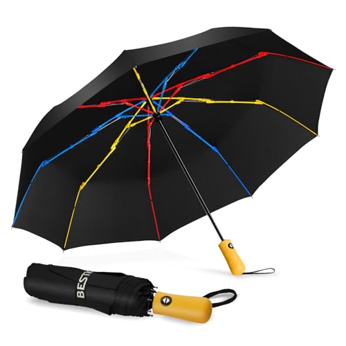 BESTKEE Regenschirm sturmfest, Taschenschirm mit Auf-Zu-Automatik, 210T Wasserdichter Schnelles Trocknen mit Regenbogenrippen Kompakter Winddicht Reiseschirm Leicht für Damen Herren（Schwarz） von BESTKEE
