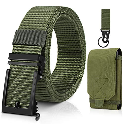 BESTKEE Unisex Gürtel Canvas Ratschengürtel mit Automatischer Gürtelschnallen, Geschenk mit Taktischem Molle-Beutel und Haken (Grün) von BESTKEE