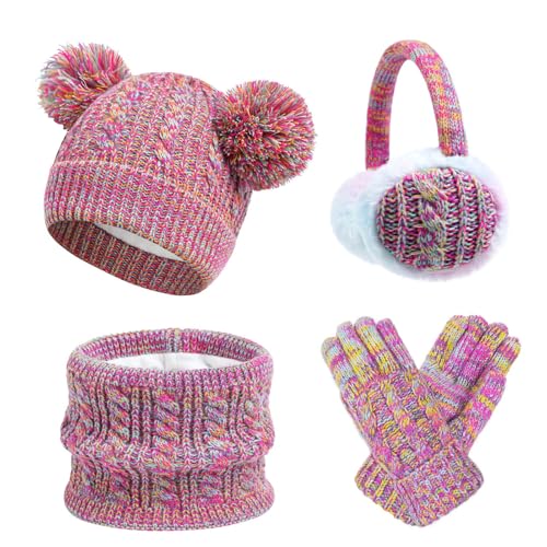 BESTORI Kinder Wintermütze Schal Handschuhe Ohrenschützer Set Warme Doppel Pompom Beanie Mütze für 4-10 Jahre, Rosarot von BESTORI