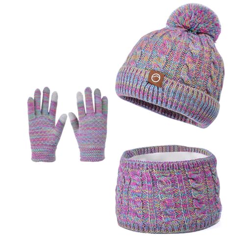 BESTORI Kinder Wintermütze Schal Handschuhe Set Warme Winter Beanie Hut mit Pompom Fleece Innenfutter Strickmütze für Jungen Mädchen 4-10 Jahre, Lila 02 von BESTORI