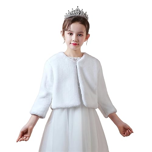 BESTORI Mädchen Bolero Jäckchen Kunstpelz Langarm Winter Mantel Blumenmädchen Hochzeits Jäckchen Weiß, 8-9 Jahre von BESTORI