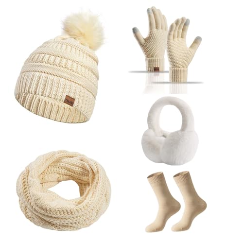 BESTORI Mütze Schal Handschuh Sets für Damen Warme Beanie Gestrickte Wintermütze Touchscreen Handschuhe Ohrenschützer und Socken 5 in 1 Beige von BESTORI