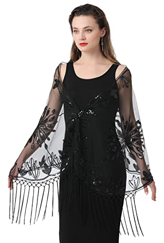 BESTORI Stola Damen Bestickt Glitzer Schal Abendkleid Pailletten Fransen Wraps Für Hochzeit Festlich Schwarz von BESTORI