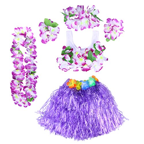 BESTOYARD 6Pcs Kinder Mädchen Hula Gras Rock mit Blumen Hawaiian Luau Kostüm (Lila) von BESTOYARD