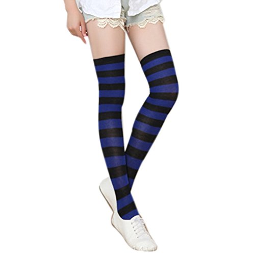 BESTOYARD Breit Streifen Kniestrümpfe Damen Mädchen Overknee Strümpfe 1 Paar (Blau und Schwarz) von BESTOYARD