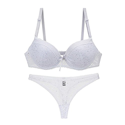 BESTOYARD Damen Spitzen Push up BH Set, sexy Lace Bra und Slip mit Strass Dekor für Frauen 80B (Weiß) von BESTOYARD