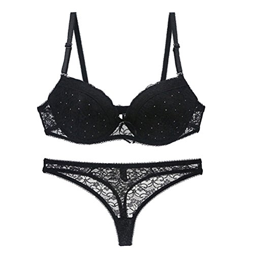 BESTOYARD Damen Spitzen Push up BH Set, sexy Lace Bra und Slip mit Strass Dekor für Frauen 80B (schwarz) von BESTOYARD