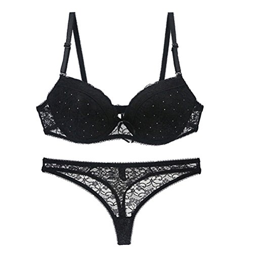 BESTOYARD Damen Spitzen Push up BH Set, sexy Lace Bra und Slip mit Strass Dekor für Frauen 85C (Schwarz) von BESTOYARD